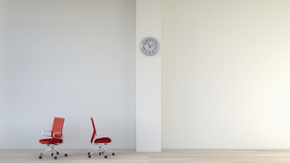 Weißer Raum mit zwei roten Bürostühlen und einer Wanduhr, 3D Rendering - UWF000355