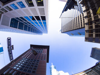 Germany, Hesse, Frankfurt, Japan Center, Taunusturm, Commerzbank and Hessische Landesbank, low angle view - AMF003695