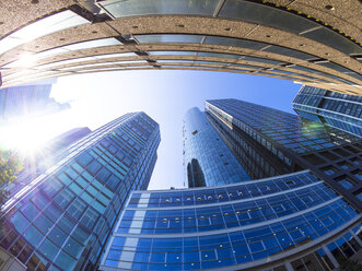 Germany, Hesse, Frankfurt, Commerzbank and Hessische Landesbank, against the sun, low angle view - AMF003697