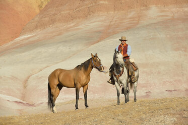 USA, Wyoming, Cowboy mit zwei Pferden in den Badlands - RUEF001458