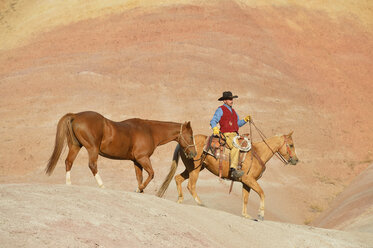 USA, Wyoming, Cowboy mit zwei Pferden in den Badlands - RUEF001459