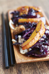 Stir-fry winter vegetables with red cabbage, winter squash and tempeh on noodles - HAWF000590
