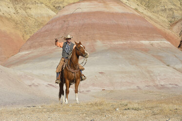 USA, Wyoming, Big Horn Mountains, Cowboy auf seinem Pferd schwingt das Lasso - RUEF001485