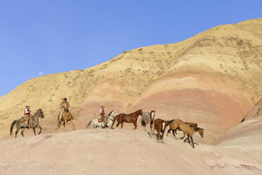 USA, Wyoming, Cowboys und Cowgirls hüten Pferde in den Badlands - RUEF001486