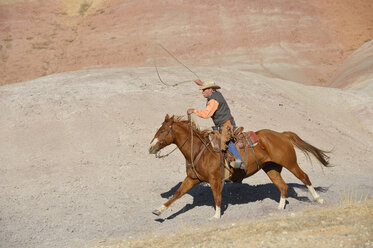 USA, Wyoming, Big Horn Mountains, reitender Cowboy, der das Lasso schwingt - RUEF001492