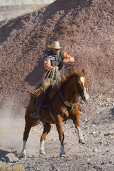 USA, Wyoming, Big Horn Mountains, Cowboy reitet mit Lasso in der Hand - RUEF001503