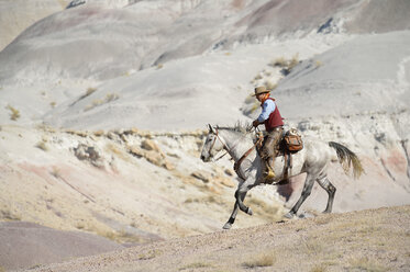 USA, Wyoming, Cowboyreiten in den Badlands - RUEF001509