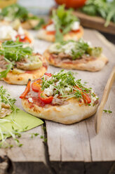 Hausgemachte Mini-Pizzen mit Rucola, Schafskäse, Artischocken, Thunfisch und Tomatensauce - ODF001109