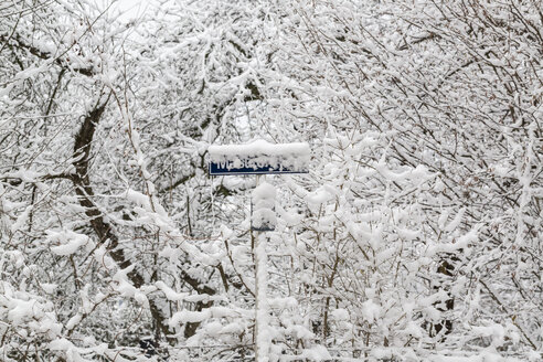 Germany, Landshut, snow-covered road sign - SARF001311
