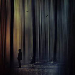 Germany, man standing in forest, digitally manipulated - DWI000419
