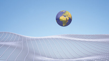 Globus schwebend über Gitterstruktur, 3D Rendering - UWF000364