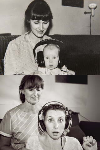 Mother and daughter in now and then photos, wearing headphones at home stock photo