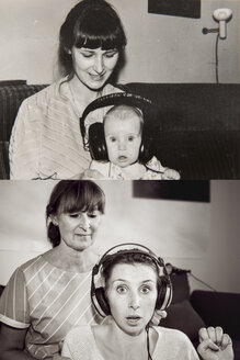 Mutter und Tochter auf gelegentlichen Fotos, mit Kopfhörern zu Hause - MFF001474