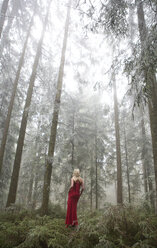 Österreich, Frau im Abendkleid, allein im Wald stehend - WWF003787