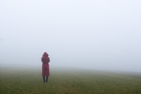 Austria, one teenager standing alone in park, fog - WW003799