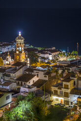 Mexico, Puerto Vallarta, at night, downtown with church tower - ABAF001626