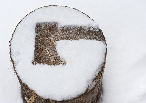 Abdruck einer Axt auf einem schneebedeckten Holzscheit - JB000238