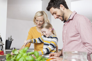 Mother, father and daughter cooking in kitchen - RBF002382
