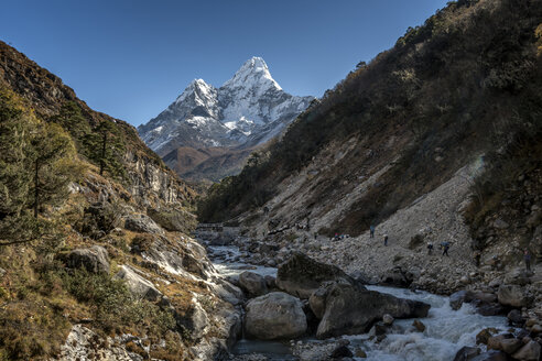 Nepal, Khumbu, Everest-Region, Pangboche, Trekker und Yaks auf dem Everest Trail mit Ama Dablam - ALRF000057