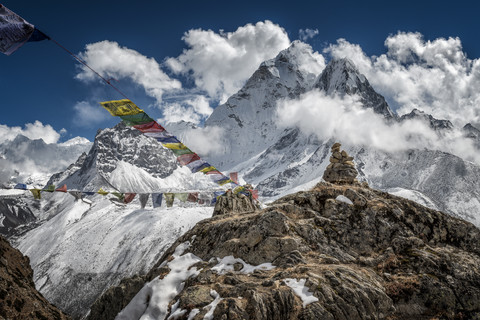 Nepal, Khumbu, Everest region, Ama Dablam and prayer flags stock photo