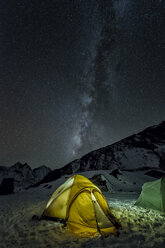 Nepal, Khumbu, Everest region, the milky way and tent from high camp on Pokalde peak at night - ALRF000059