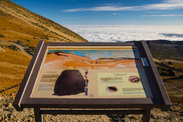 Spanien, Kanarische Inseln, Teneriffa, Pico del Teide im Teide-Nationalpark, Lavafelsen, Huevos del Teide, Teide-Eier, Hinweisschild - WGF000607