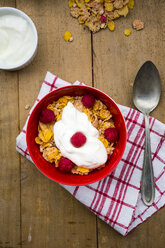 Schale mit glutenfreiem Müsli mit Naturjoghurt und Himbeeren - LVF002828