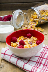 Bowl of glutenfree cereals with fresh raspberries and natural yoghurt - LVF002823