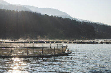 Bulgarien, Käfige für die Fischzucht in einem Bergsee - DEGF000299