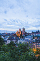 Switzerland, Lausanne, cityscape with cathedral Notre-Dame at dusk - WDF002903