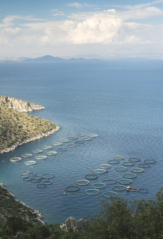 Griechenland, Peloponnes, Blick auf eine Fischzucht von oben, lizenzfreies Stockfoto