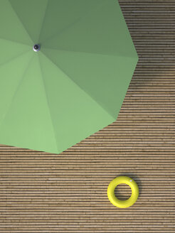 Grüner Sonnenschirm und gelber Schwimmreifen auf Holzterrasse, 3D Rendering - UWF000378