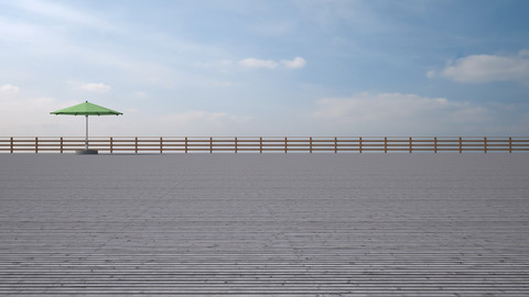 Grüner Sonnenschirm auf Holzterrasse vor bewölktem Himmel, 3D Rendering, lizenzfreies Stockfoto