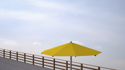 Yellow sunshade on wooden terrace in front of cloudy sky, 3D Rendering stock photo
