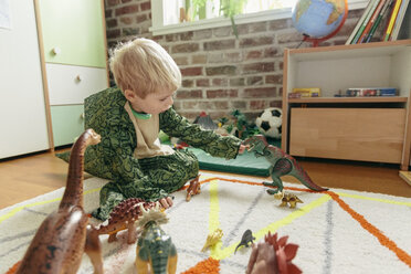 Kleiner Junge im Dinosaurierkostüm spielt mit Spielzeugdinosauriern - MFF001489