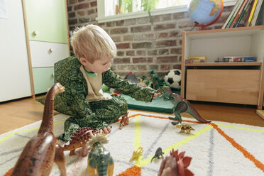 Little boy wearing dinosaur costume playing with toy dinosaurs - MFF001489