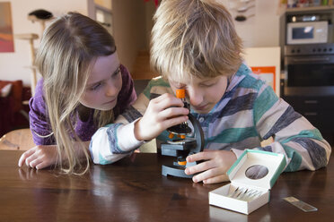 Bruder und Schwester mit Mikroskop zu Hause - SARF001359