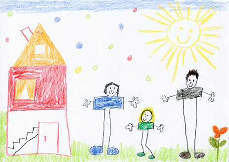 Kinderzeichnung einer glücklichen Familie und eines Hauses - CMF000222