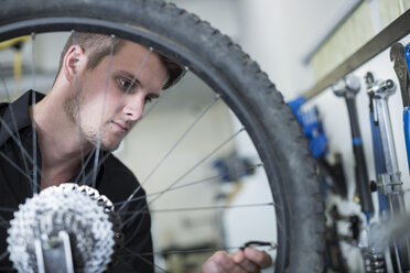 Young man working in bicycle shop - ZEF005043