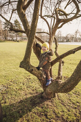 Glücklicher kleiner Junge, der im Winter auf einen Baum klettert - MFF001498