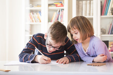 Little girl watching her brother drawing - LVF002895