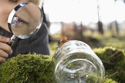 Kleiner Junge beobachtet Schnecke mit Lupe in einem Wald, lizenzfreies Stockfoto