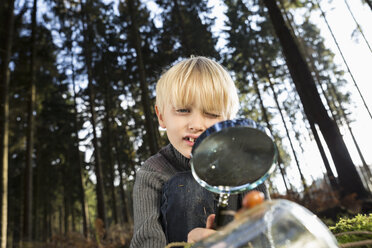 Kleiner Junge beobachtet Schnecke mit Lupe in einem Wald - PDF000821