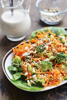 Quinoa-Salat mit Karotten, Brokkoli, Frühlingszwiebeln, Spinat und Sonnenblumenkernen mit einem Tahini-Dressing - HAWF000655