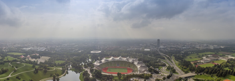 Germany, Munich, panoramic aerial view of the Olympic stadium - NK000230