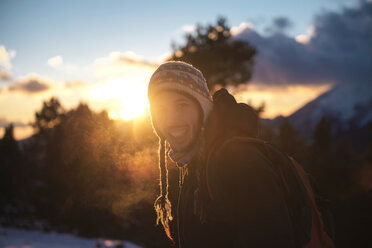 Spain, Cadi-Moixero Natural Park, man in the mountains at sunset - GEMF000059