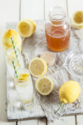 Homemade lemonade with bottle of syrup and lemons - SBDF001694