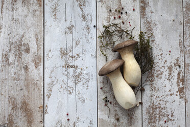 King trumpet mushrooms, thyme and peppercorns on wood - CSF024612