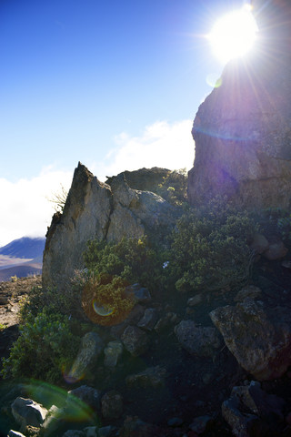 USA, Hawaii, Maui, Haleakala, Split Rock im Gegenlicht, lizenzfreies Stockfoto