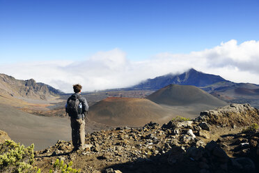 USA, Hawaii, Maui, Haleakala, Mann schaut auf Vulkanlandschaft mit Schlackenkegeln - BRF001075